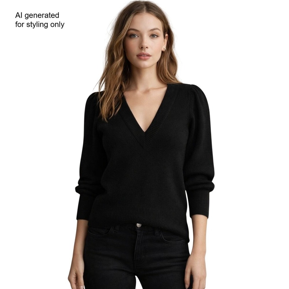 Madewell Black V Neck Wool Pullover Lightweight Sweater Puff Sleeve Dark Gray XS